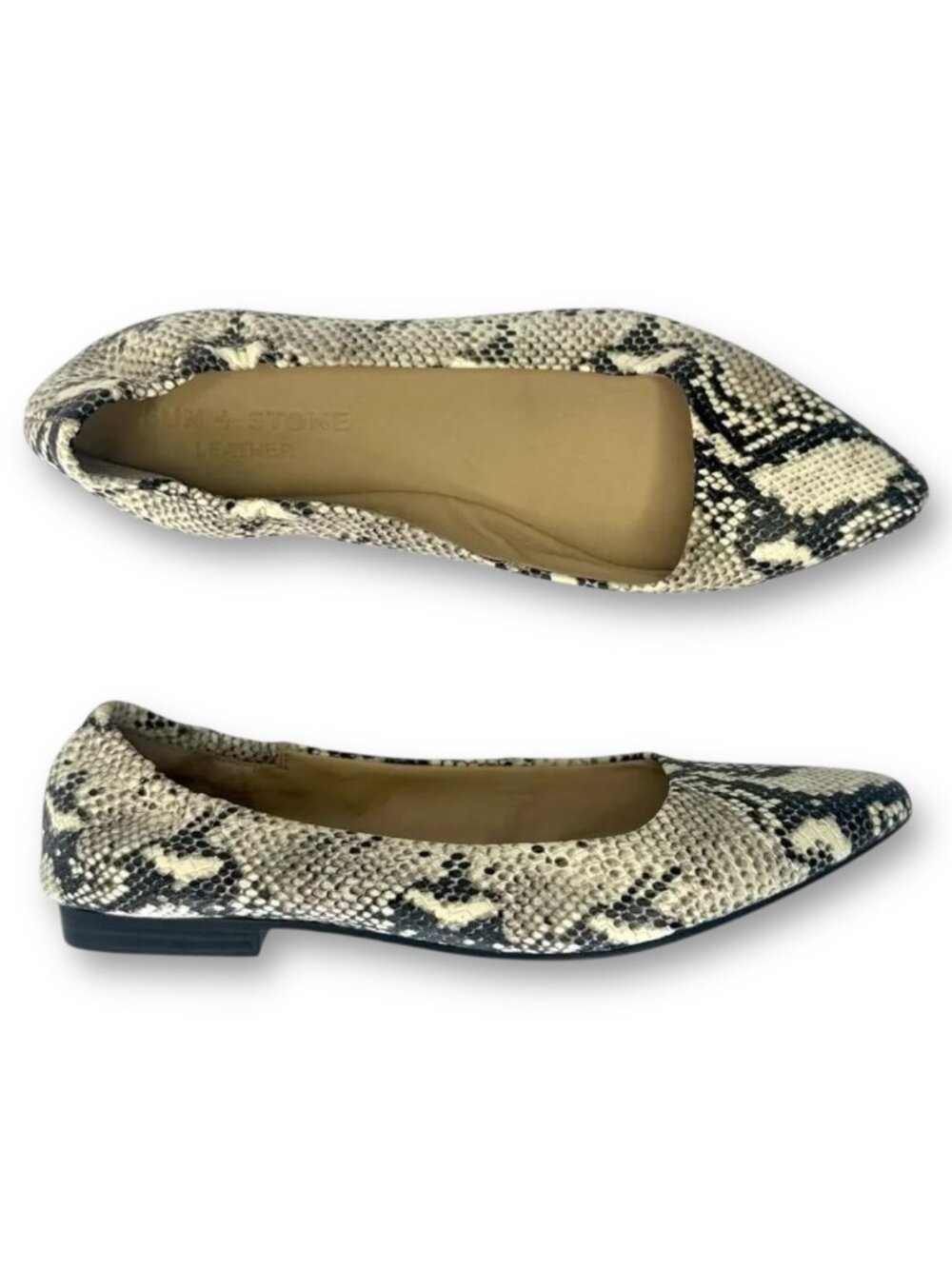 Sun + Stone Women's Pointed Toe Jilly Flats Size 7 M Gray Cream Snake Print